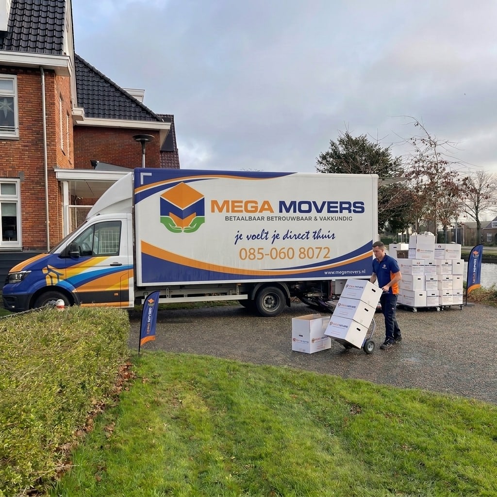 Gebrande Mega Movers verhuiswagen voor een woning